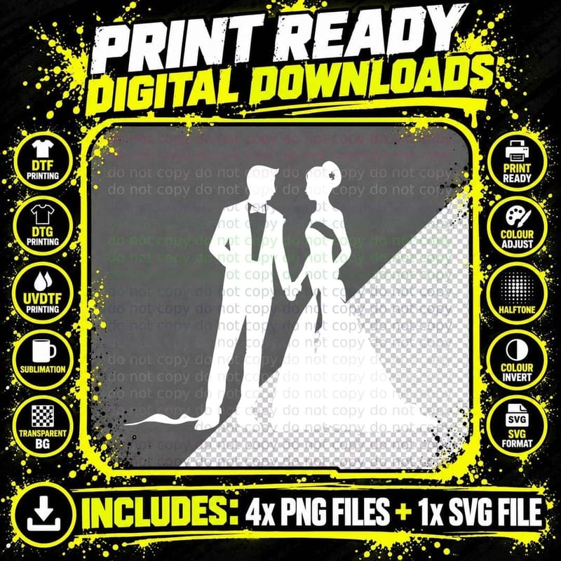 Elegant Couple Holding Hands Silhouette Wedding T-Shirt Png SVG Digital Bundle