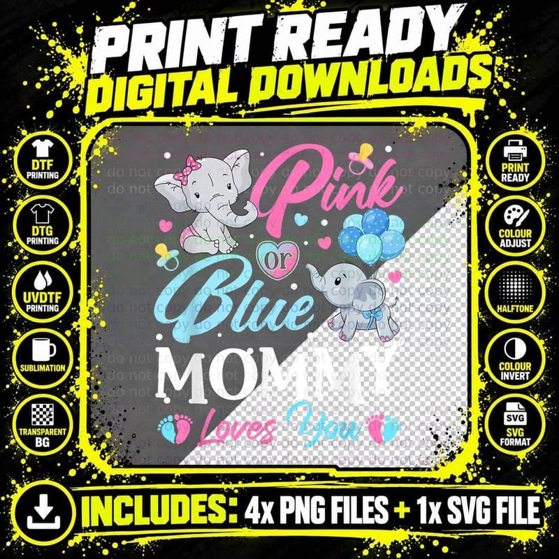 Elephant Blue Pink Mommy Loves You Pregnancy Reveal Png SVG Digital Bundle