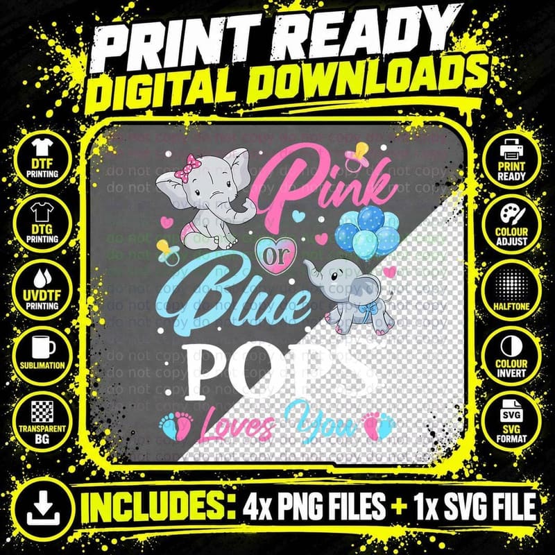 Elephant Blue Pink POPS Loves You Pregnancy Reveal Png SVG Digital Bundle