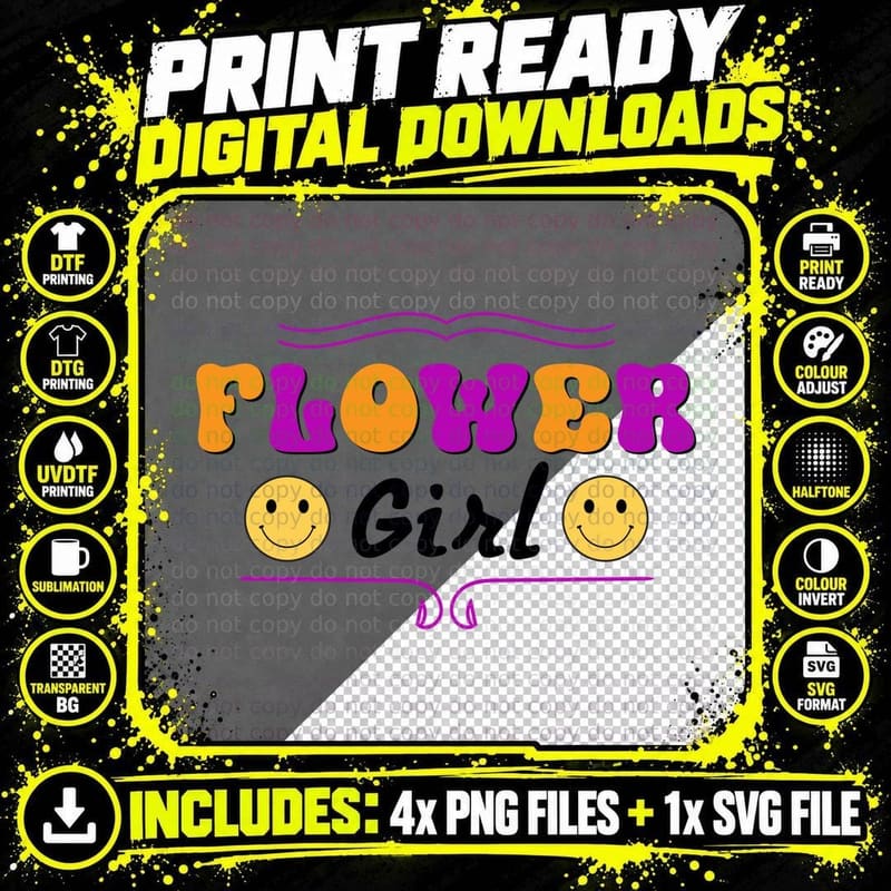 Flower Girl Wedding T-Shirt, Smiling Faces on a T-Shirt Png SVG Digital Bundle