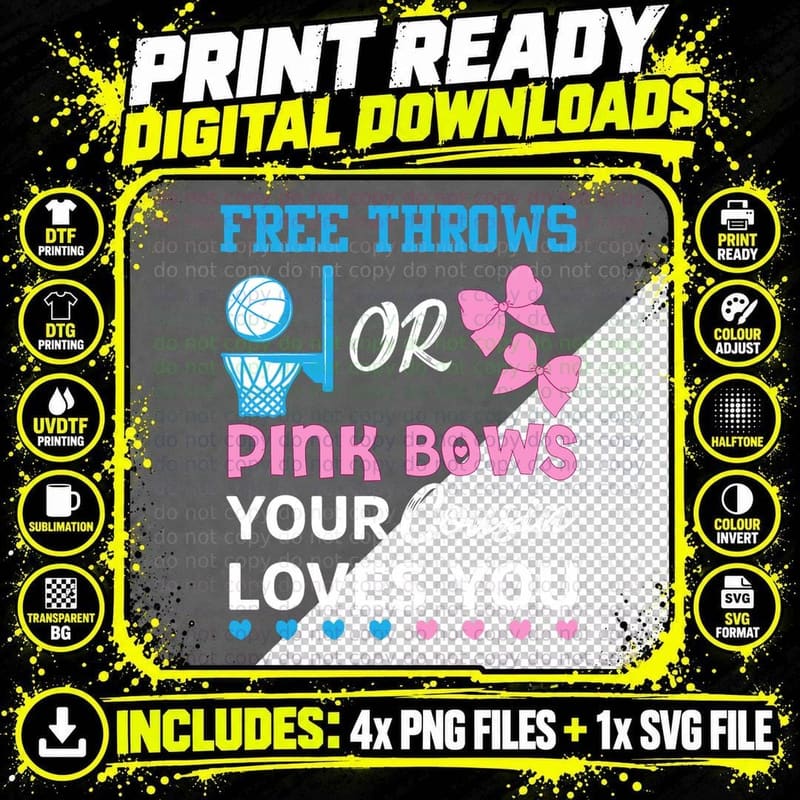 Free Throws or Pink Bows Cousin Loves You Gender Reveal Png SVG Digital Bundle