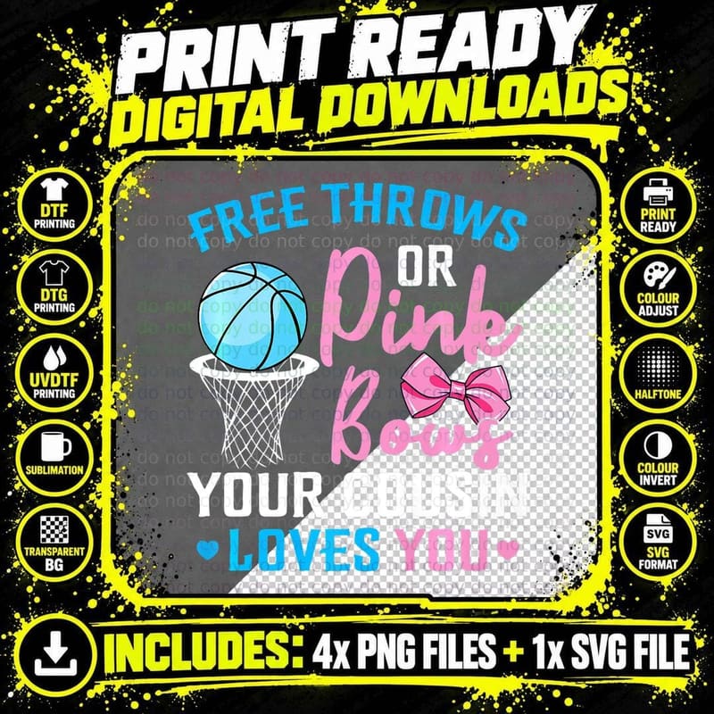 Free Throws or Pink Bows Cousin Loves You Gender Reveal Png SVG Digital Bundle