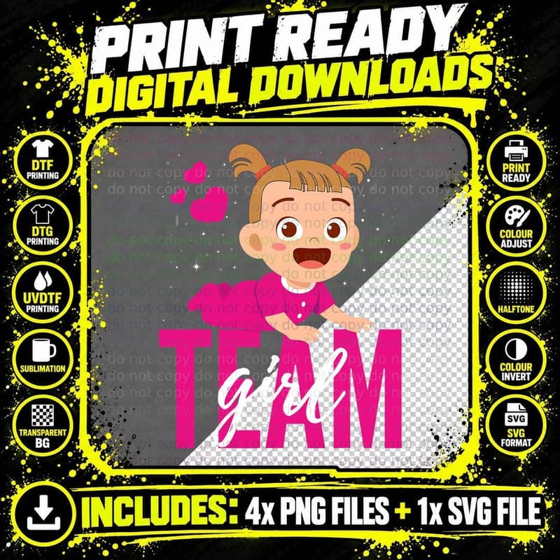 Gender Announcement - Team Girl Baby Party Reveal Png SVG Digital Bundle