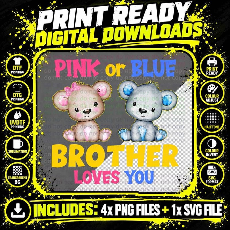 Gender Reveal Baby Shower T-Shirt, Pink or Blue Brother Png SVG Digital Bundle