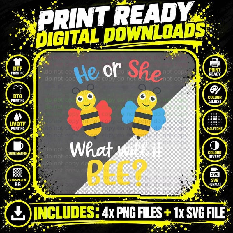 Gender Reveal Bee T-Shirt, Fun Party Theme Png SVG Digital Bundle