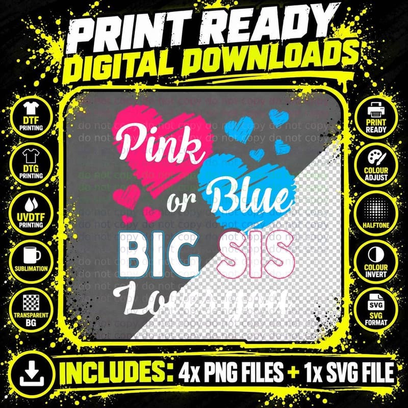 Gender Reveal Big Sister T-Shirt, Pink Blue Theme Png SVG Digital Bundle