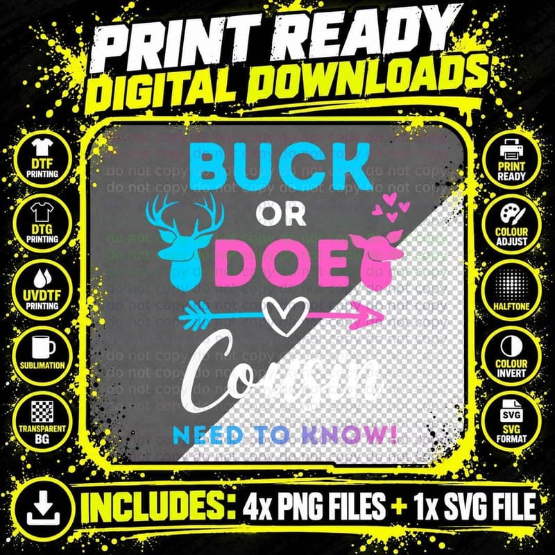 Gender Reveal Buck or Doe Cousin Matching Baby Shower Png SVG Digital Bundle