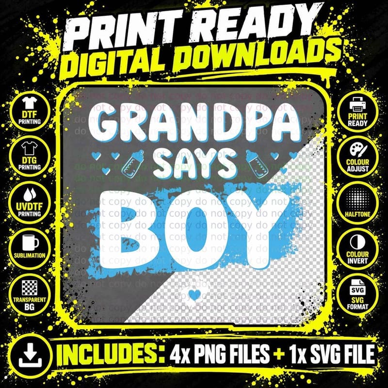 Gender Reveal Grandpa Says Boy Baby Shower Party Png SVG Digital Bundle