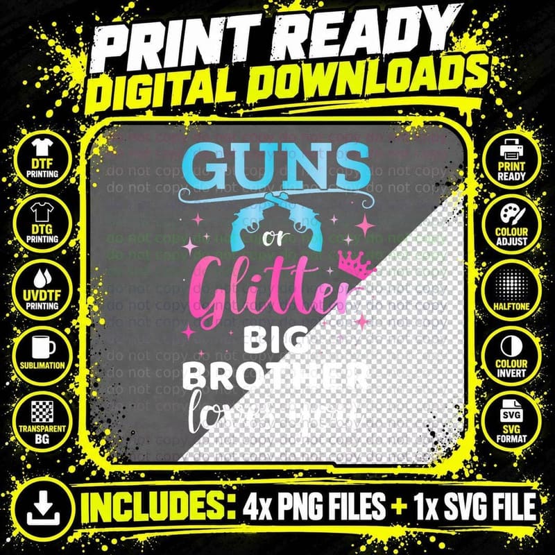 Gender Reveal Guns Glitter Brother Matching Baby Party Png SVG Digital Bundle