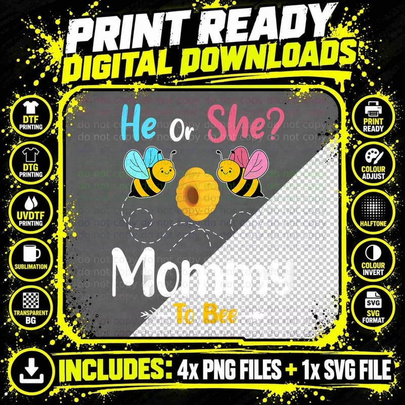 Gender Reveal He or She Mommy to Bee Baby Announcement Png SVG Digital Bundle