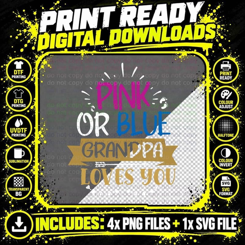 Gender Reveal Pink or Blue Grandpa Loves You T-Shirt Png SVG Digital Bundle