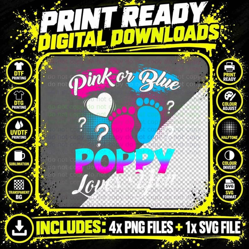Gender Reveal Pink or Blue Poppy Loves You Png SVG Digital Bundle