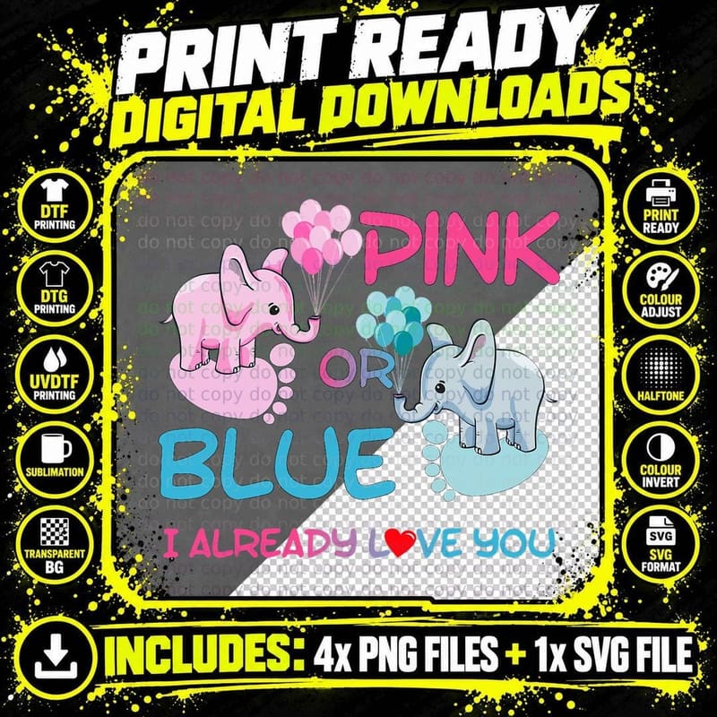 Gender Reveal Pink or Blue T-Shirt, Party Supplies Png SVG Digital Bundle