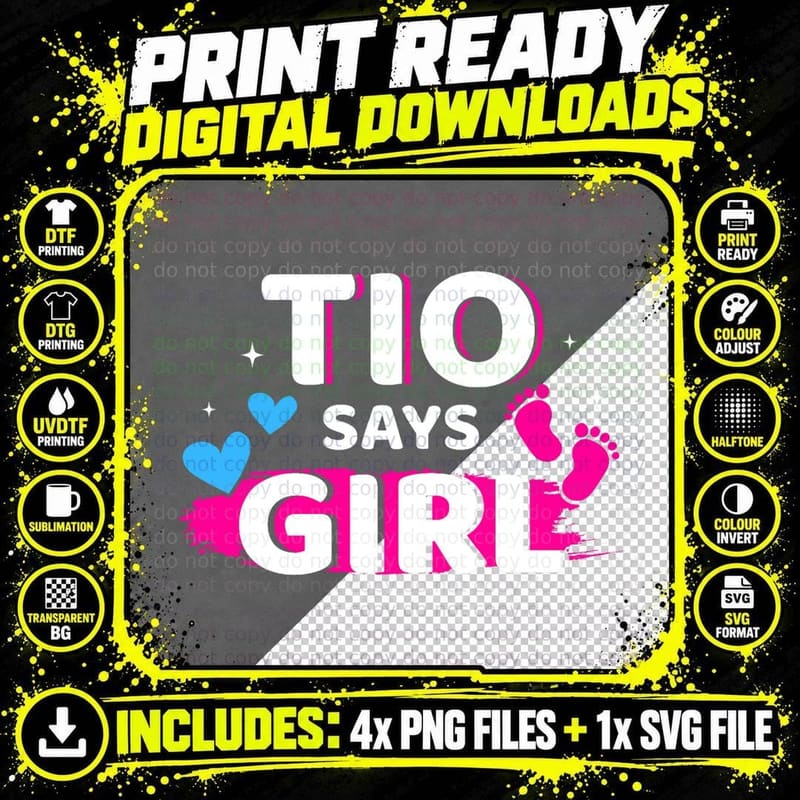 Gender Reveal Tio Says Girl Matching Family Baby Party Png SVG Digital Bundle