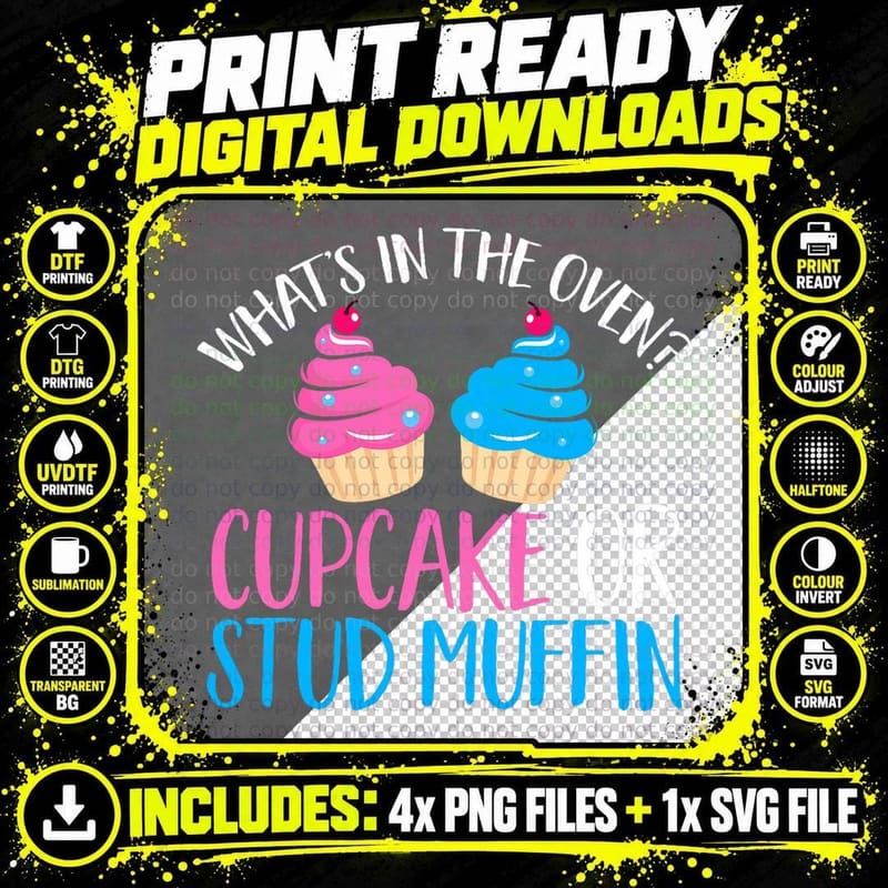Gender Reveal What's in the Oven Cupcake or Stud Muffin Png SVG Digital Bundle