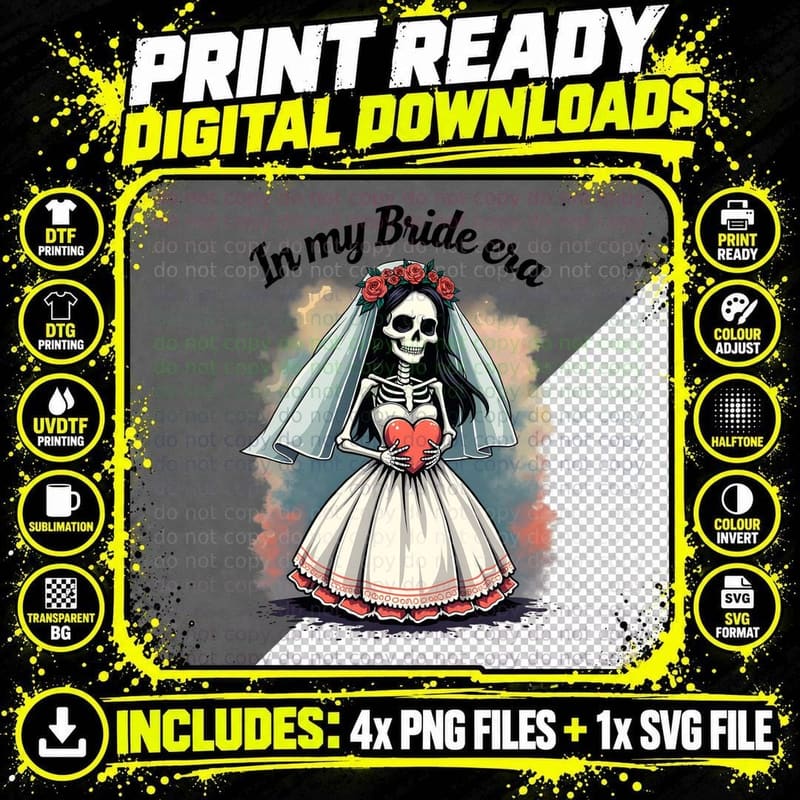 Gothic Romantic Sugar Skull Bride Wedding Dress Lace Png SVG Digital Bundle