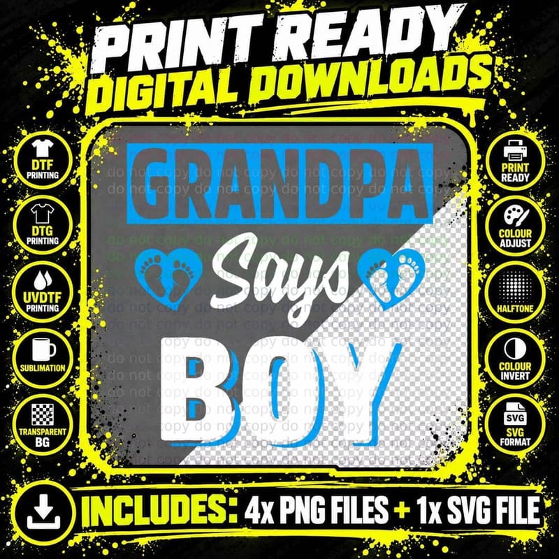 Grandpa Says Boy Cute Gender Reveal Team Blue Baby Party Png SVG Digital Bundle