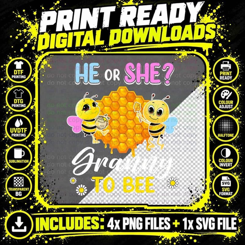He or She Granny to Bee Gender Reveal Baby Shower Party Png SVG Digital Bundle