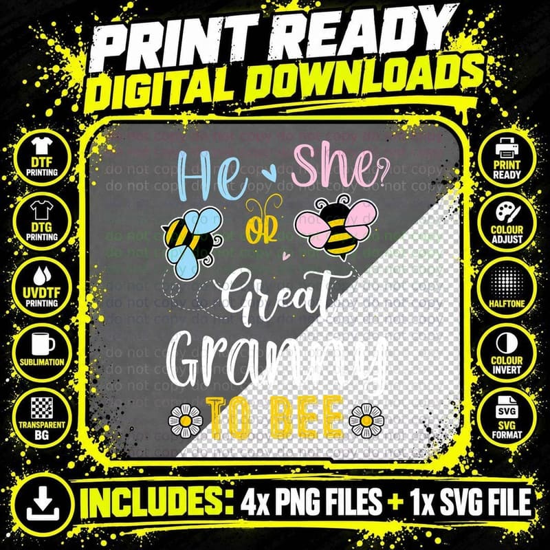 He or She Great Granny to Bee Gender Reveal T-Shirt Png SVG Digital Bundle