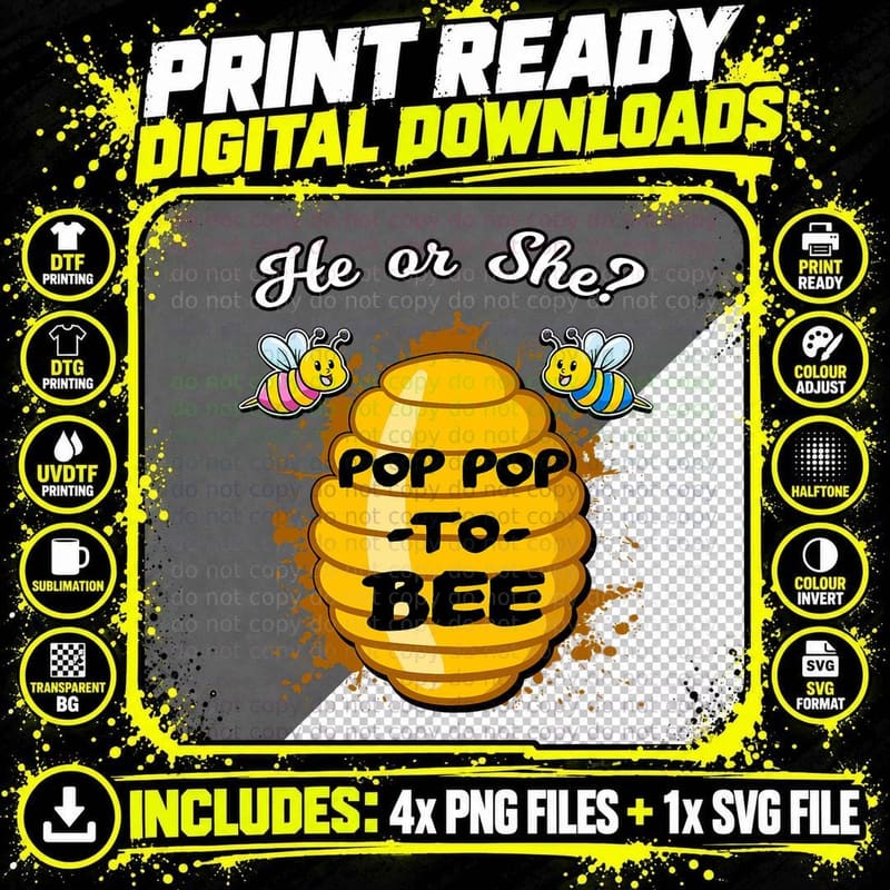 He or She Pop Pop to Bee Gender Announcement Baby Shower Png SVG Digital Bundle