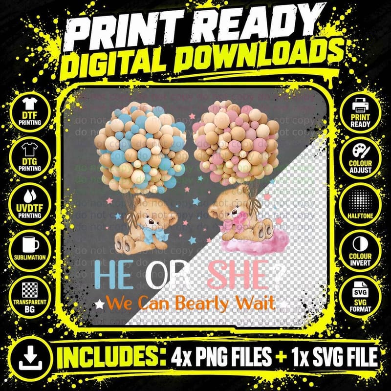 He or She We Can Bearly Wait Bears Balloons Gender Png SVG Digital Bundle