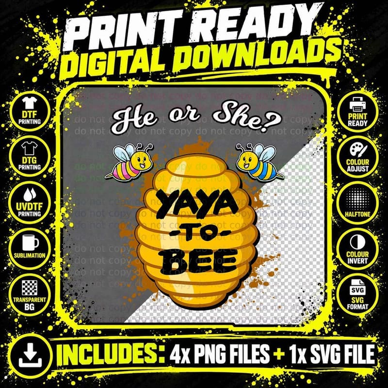 He or She Yaya to Bee Gender Reveal Announcement Baby Png SVG Digital Bundle