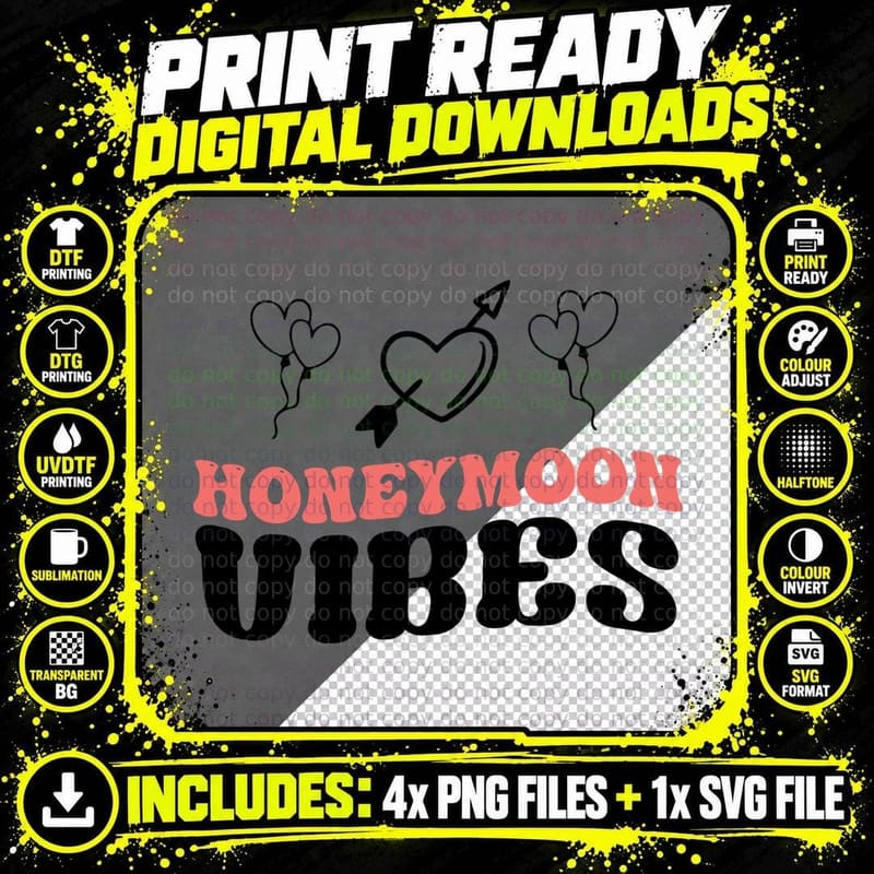 Honeymoon Vibes Wedding T-Shirt, Heart Balloons Arrow Png SVG Digital Bundle