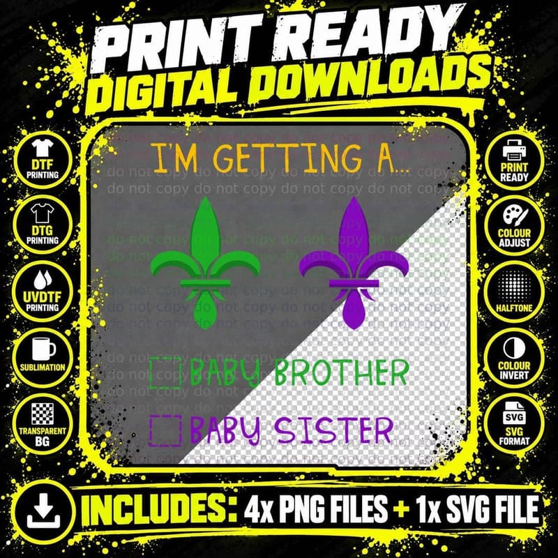I'm Getting a Baby Brother Sister Mardi Gras Gender Png SVG Digital Bundle