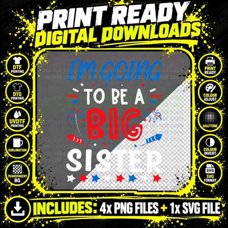 I'm Going to Be a Big Sister Gender Reveal Fireworks Png SVG Digital Bundle