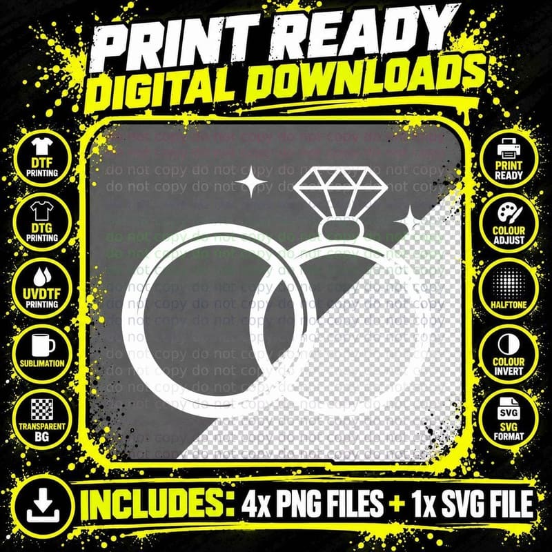 Interlocking Wedding Rings with Diamond Wedding Art Png SVG Digital Bundle