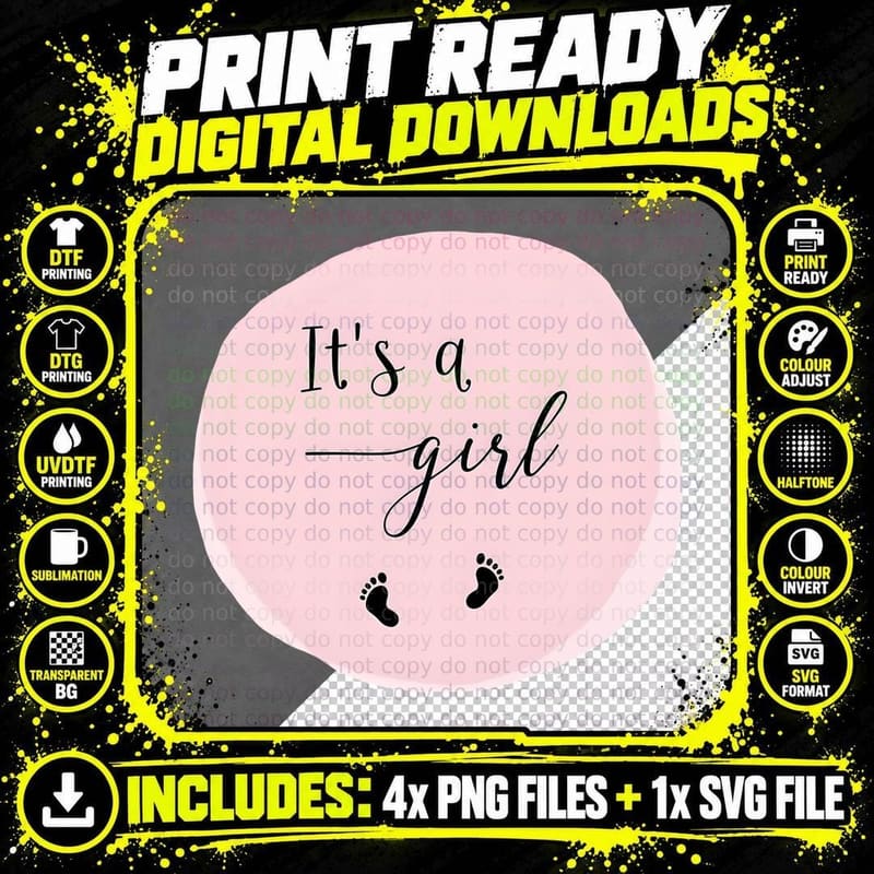It's a Girl, Baby Shower Gift, Gender Reveal T-Shirt Png SVG Digital Bundle