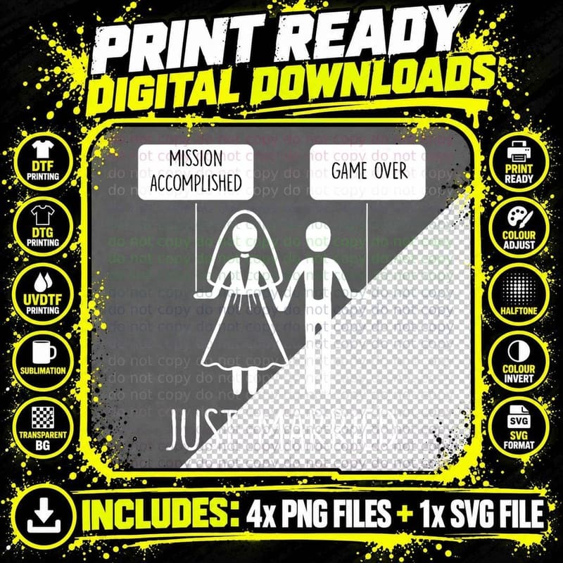 Just Married Game Over Bride Groom Line Art Minimal Men Png SVG Digital Bundle