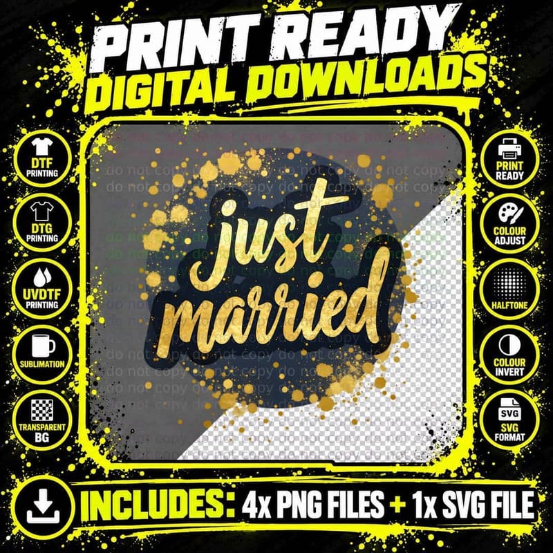 Just Married Golden Style Filter Newlywed Wedding Png SVG Digital Bundle