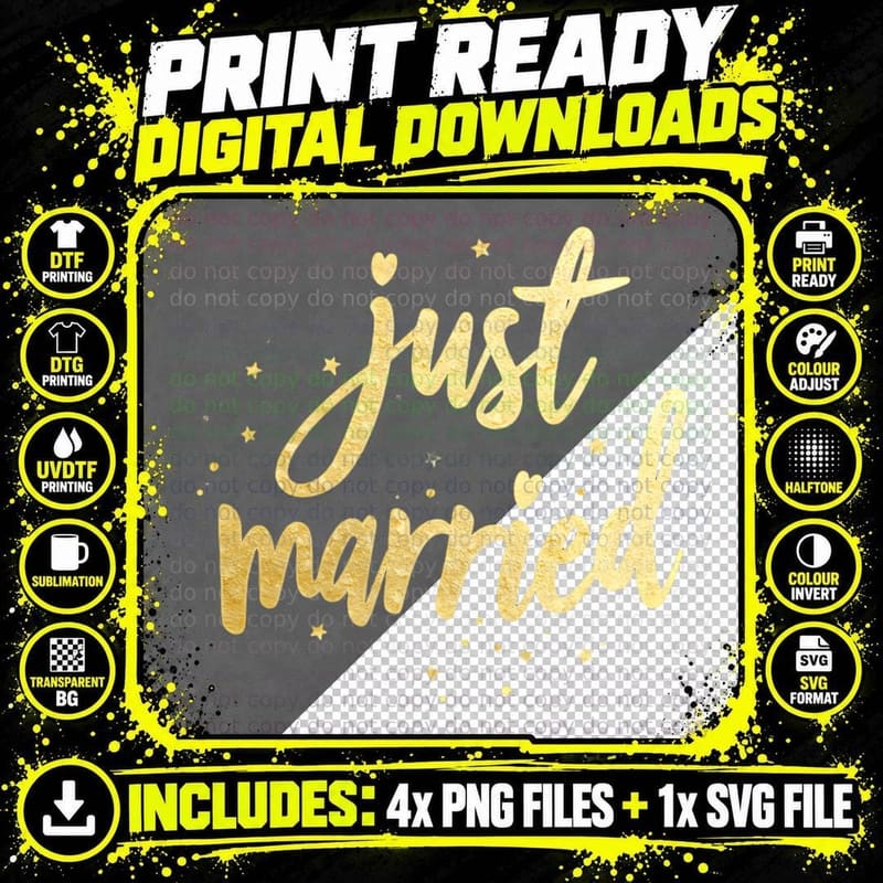 Just Married Golden Style Filter Wedding Newlywed Png SVG Digital Bundle