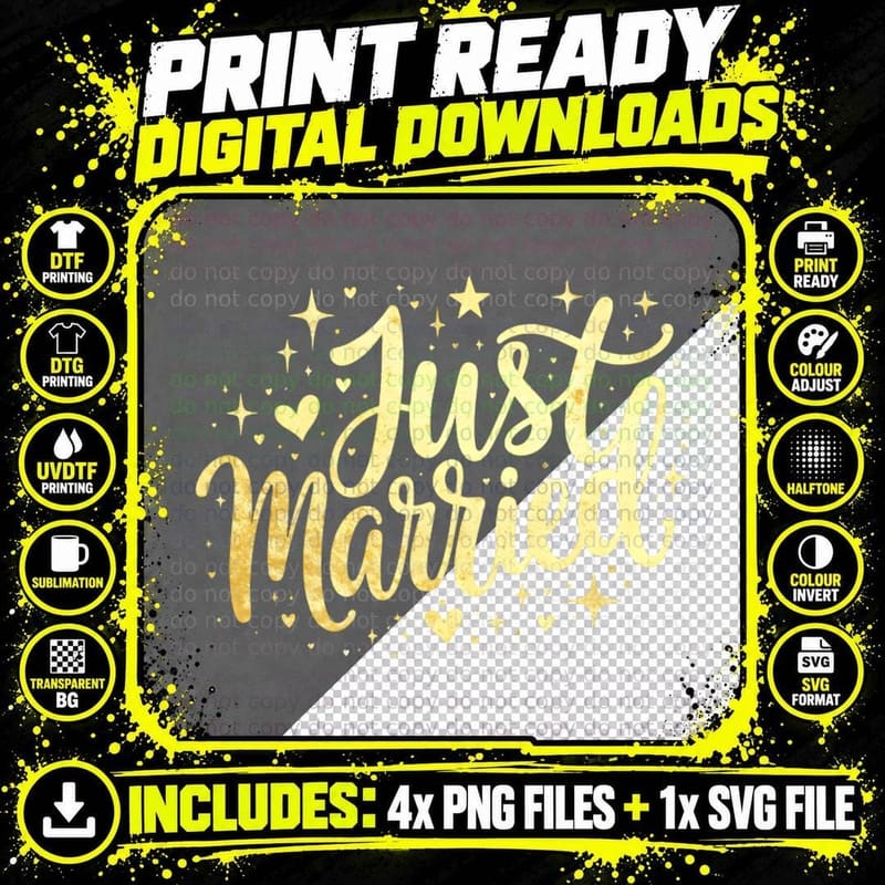 Just Married Typography Golden Style Filter Wedding Png SVG Digital Bundle