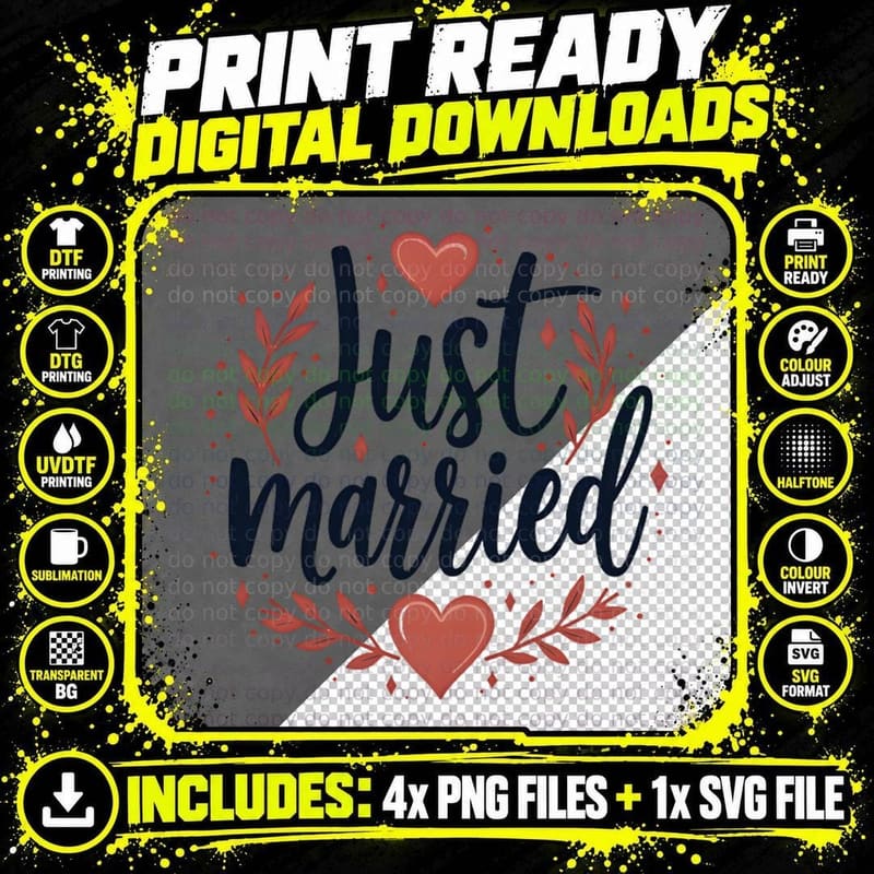 Just Married Wedding Bride Groom Newlywed Anniversary Png SVG Digital Bundle