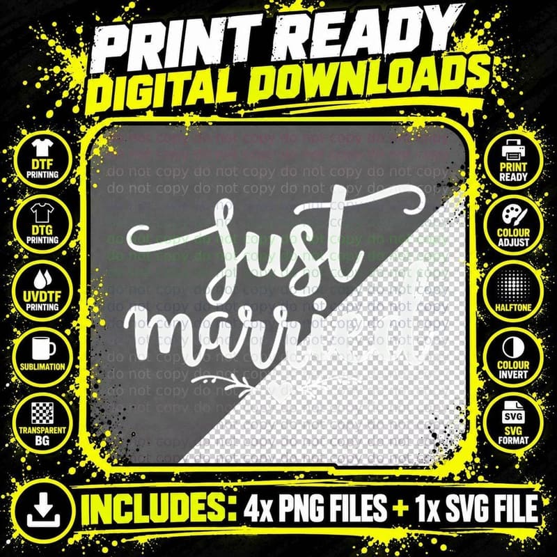 Just Married Wedding Newlywed Bride Groom Anniversary Png SVG Digital Bundle