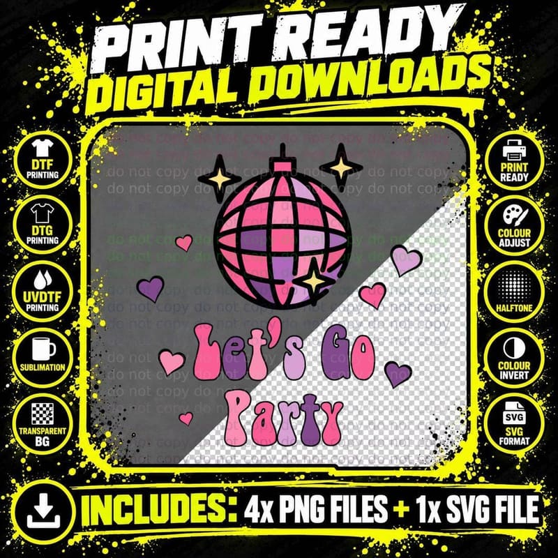 Let's Go Party Wedding T-Shirt, Disco Ball Hearts Stars Png SVG Digital Bundle