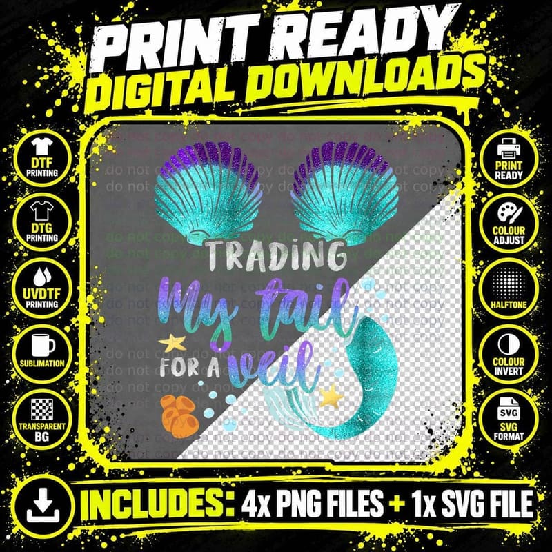 Mermaid Bride Matching Bachelorette Trading Tail Veil Png SVG Digital Bundle