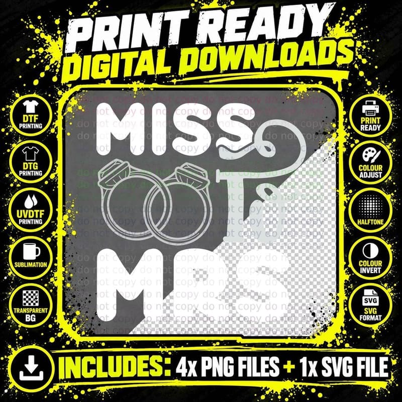 Miss to Mrs Wedding T-Shirt, Wedding Rings on Gray Png SVG Digital Bundle