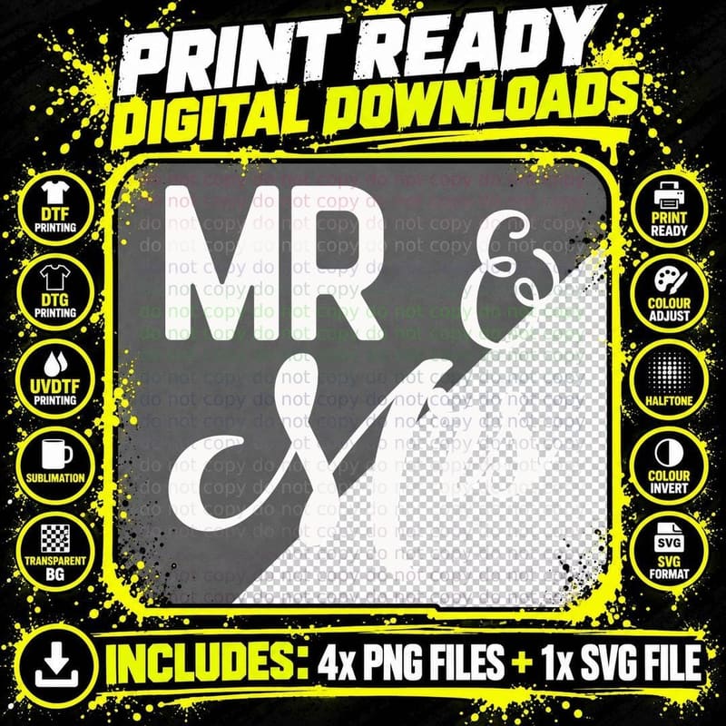 Mr & Mrs Wedding T-Shirt, Wedding Couple Silhouette Png SVG Digital Bundle