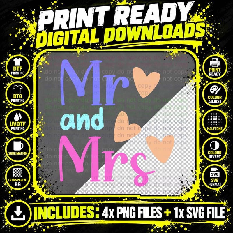 Mr and Mrs Wedding T-Shirt, Pastel Hearts on Gray Png SVG Digital Bundle