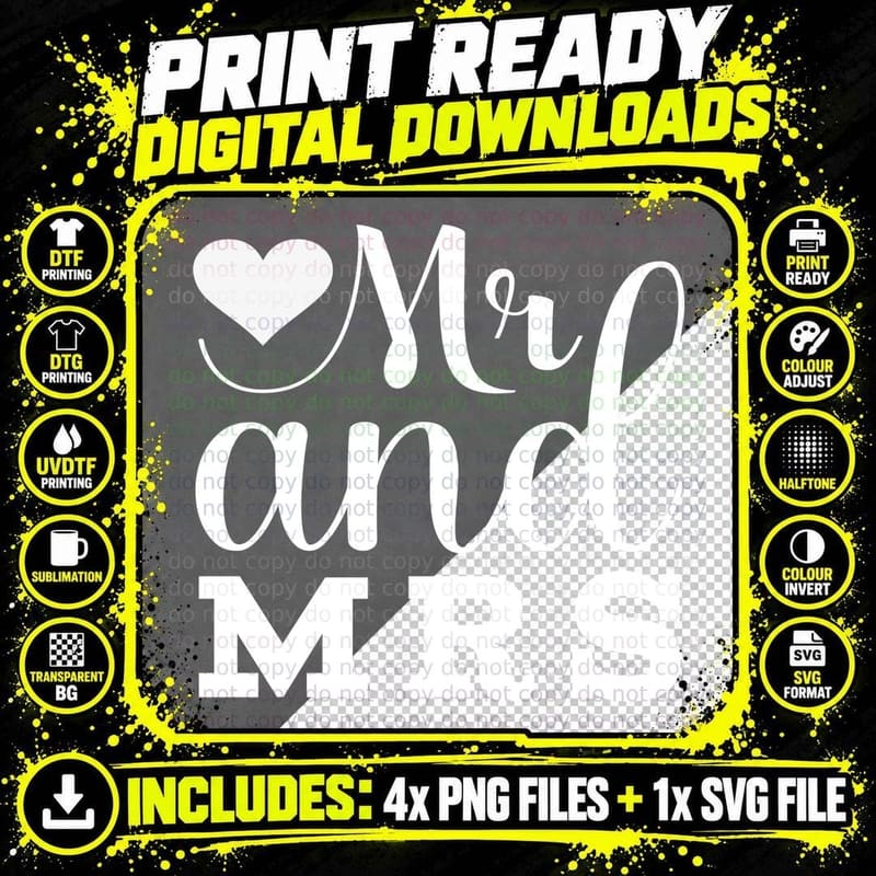 Mr and Mrs Wedding T-Shirt, Wedding Couple Heart Png SVG Digital Bundle