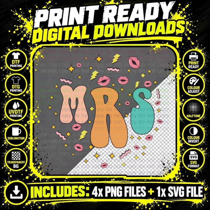 Mrs Wedding T-Shirt, Lips and Stars on Gray Background Png SVG Digital Bundle