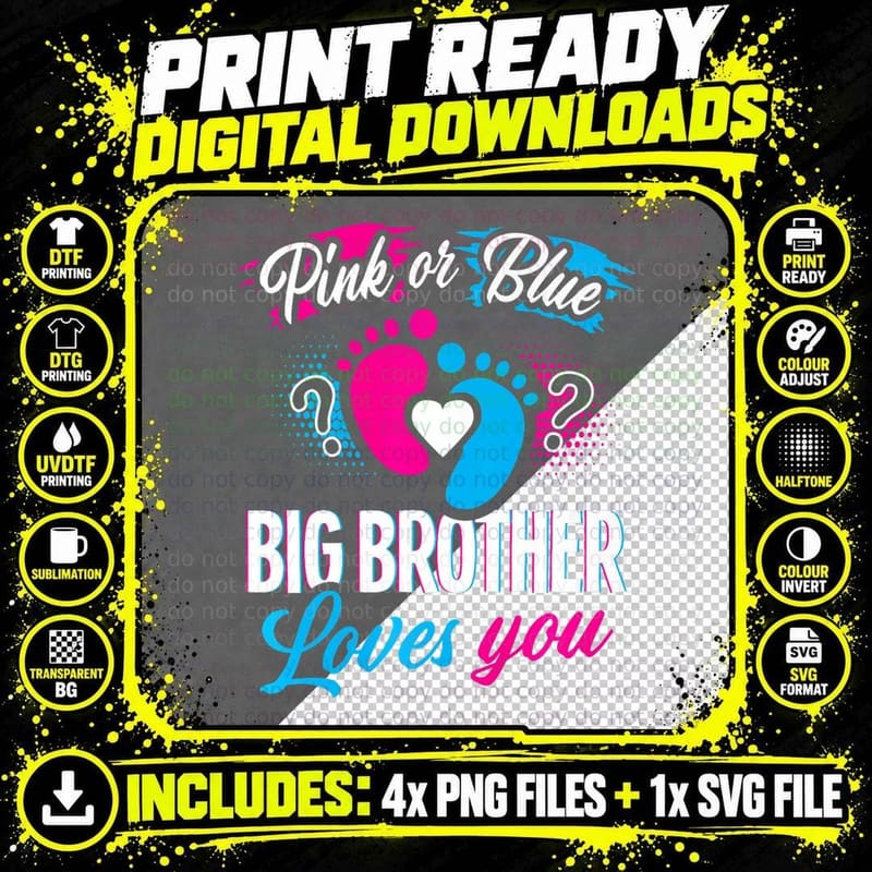 Pink or Blue Big Brother Loves You Baby Gender Reveal Png SVG Digital Bundle