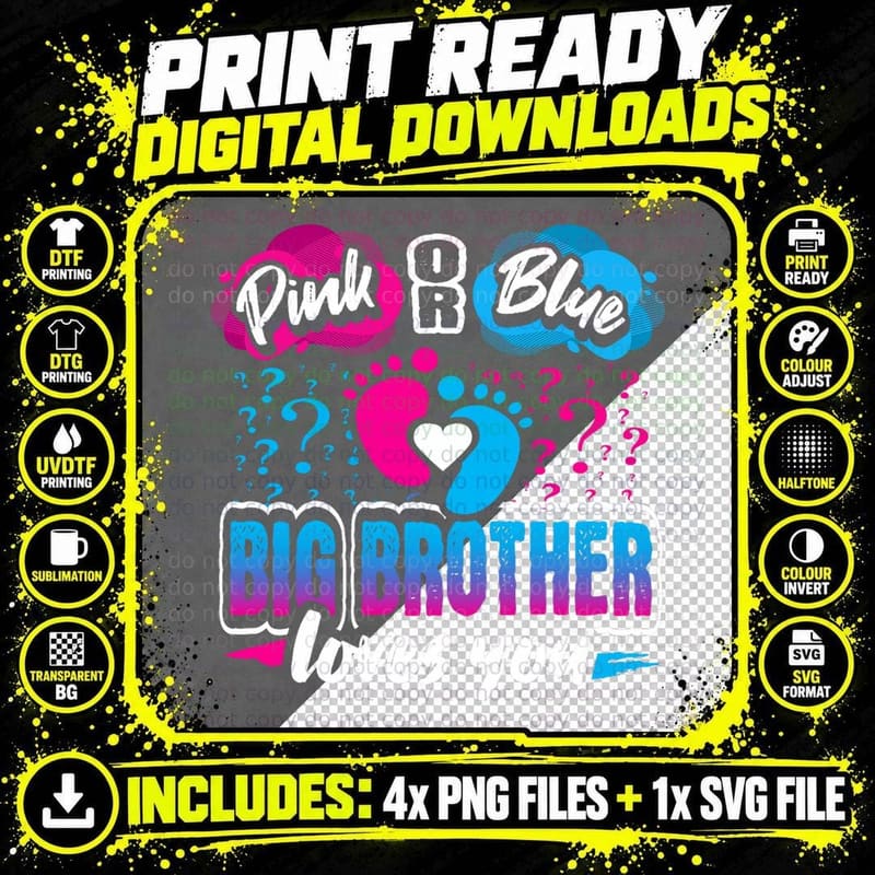 Pink or Blue Big Brother Loves You Gender Reveal Baby Png SVG Digital Bundle