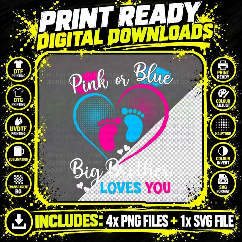 Pink or Blue Big Brother Loves You Pregnancy Gender Png SVG Digital Bundle