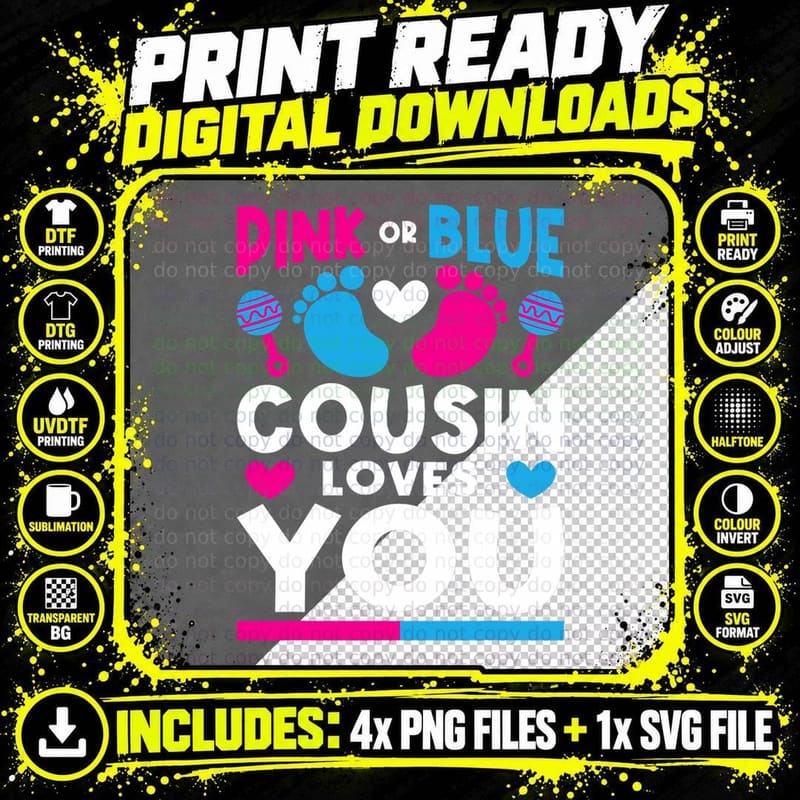 Pink or Blue Cousin Loves You - Gender Reveal Family Png SVG Digital Bundle