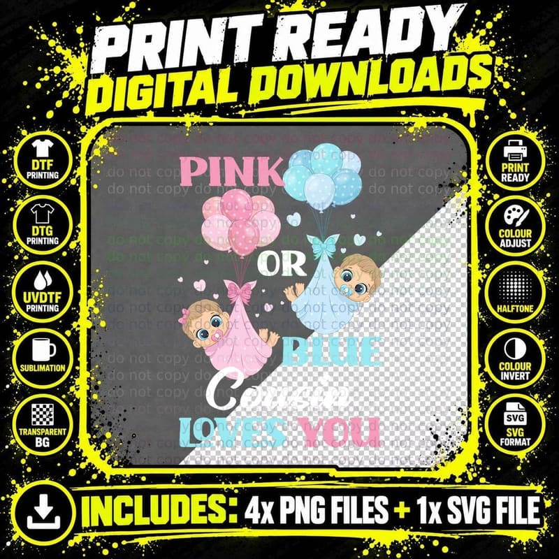 Pink or Blue Cousin Loves You Cousin Gender Reveal Party Png SVG Digital Bundle