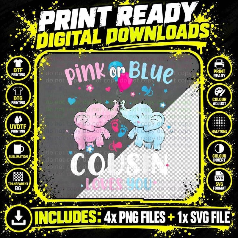 Pink or Blue Cousin Loves You Gender Reveal Elephant Png SVG Digital Bundle